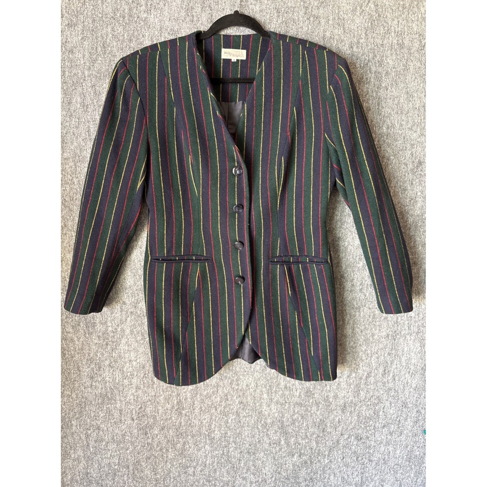 Raoul Vintage Womens 100% Wool Striped Collarless Blazer Green Navy Red Size 3